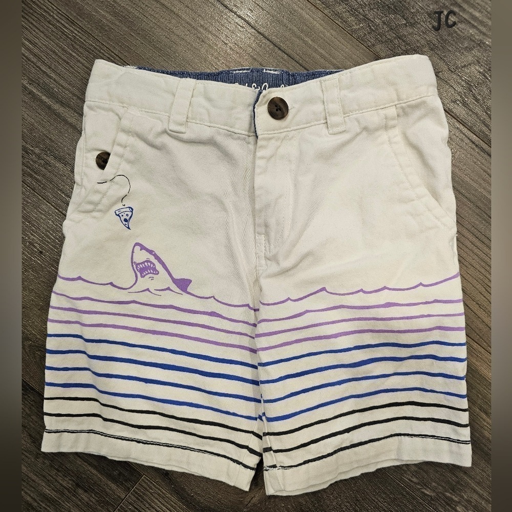 Kid's sz 6 White Denim Shark Pizza Graphic Striped Chino Shorts Animal Beach
